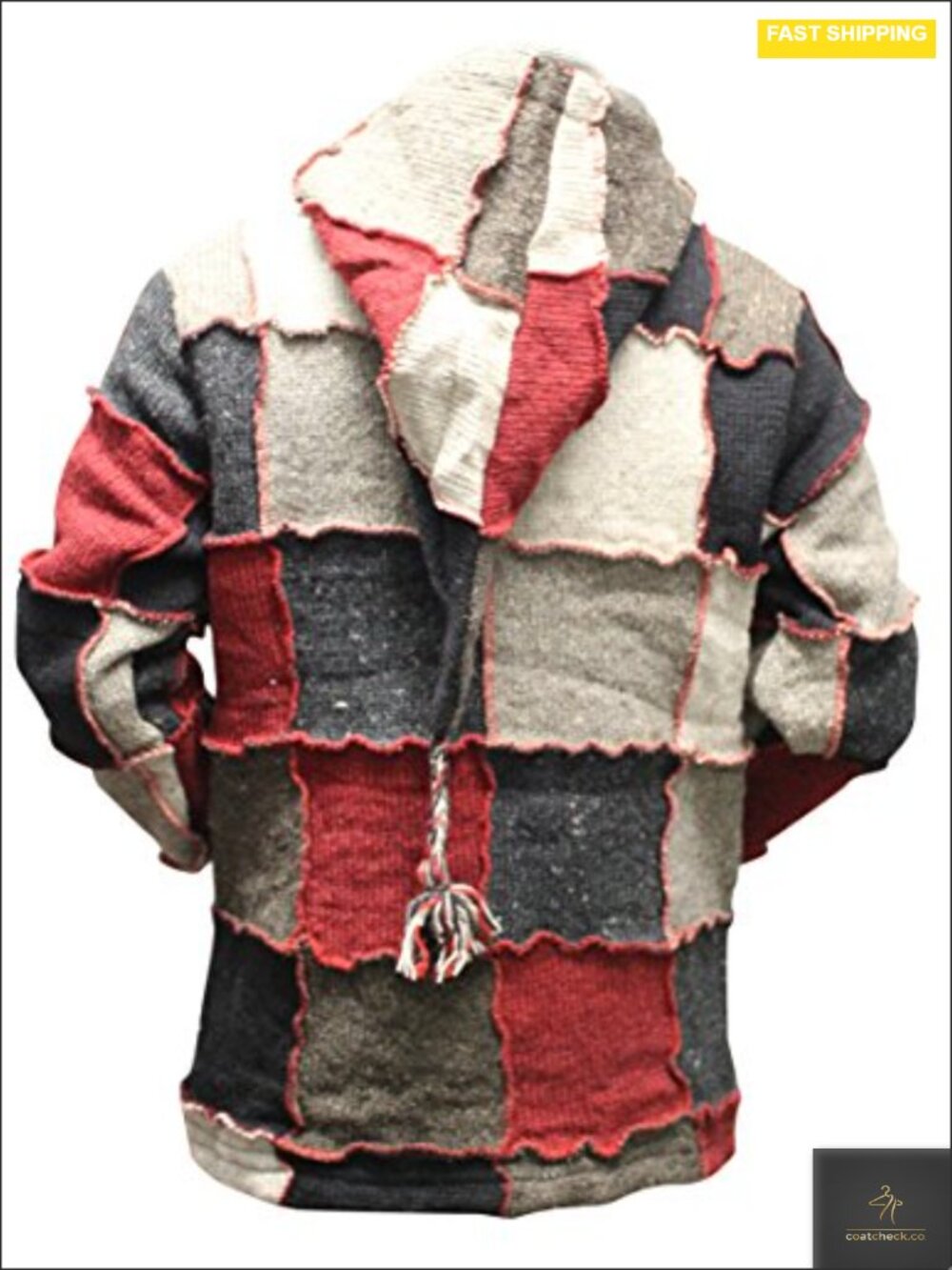 Men's Wool Patchwork Hippy Jacket with Fleece Lining, Hooded Zip Up